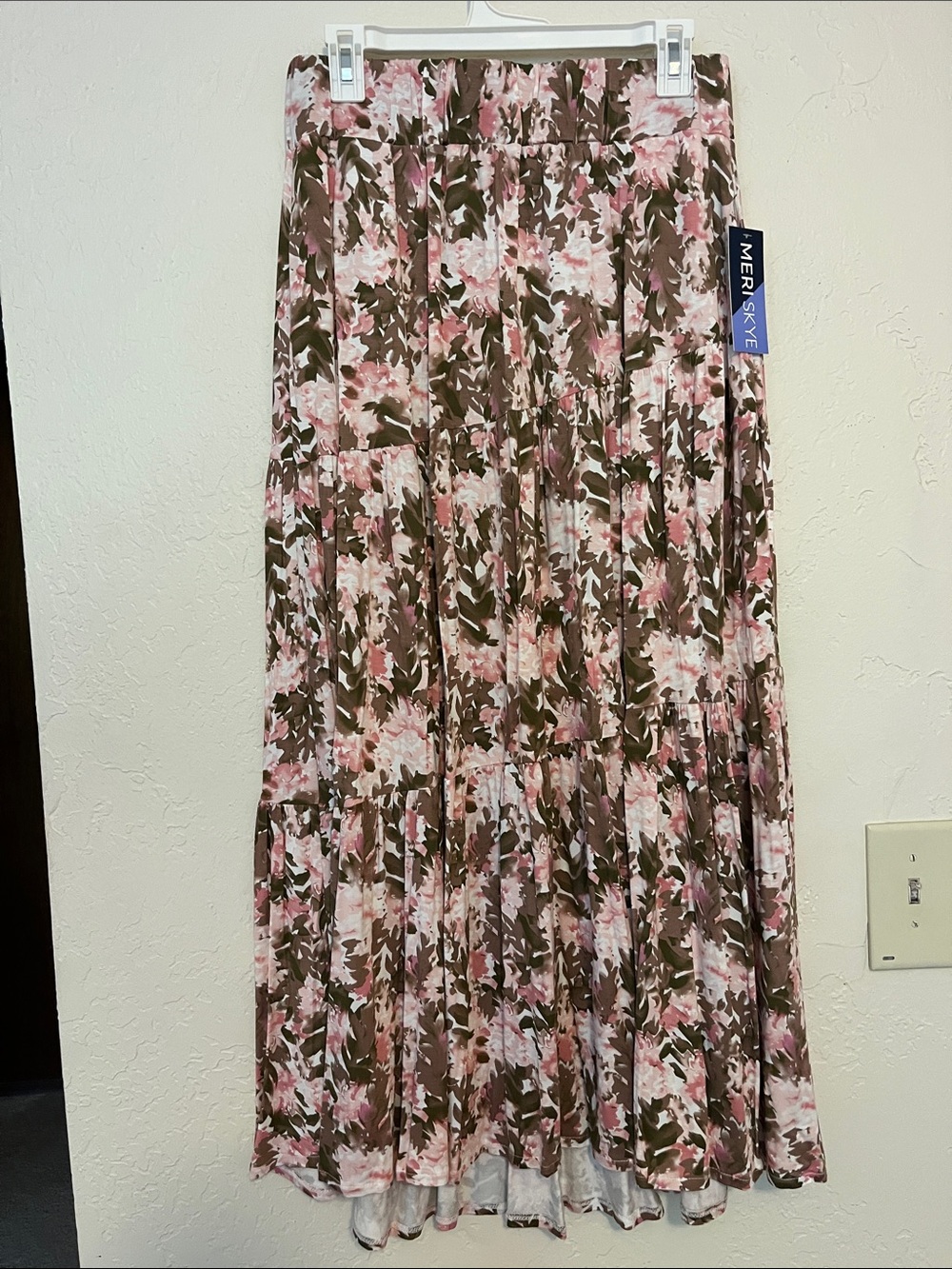 Meri Skye Pink & Olive Floral Tiered Maxi Skirt